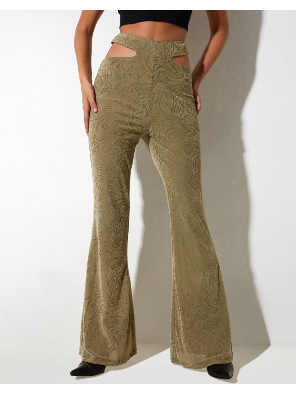 Motel Tuleen Trouser Pants XXS Mixed Animal Flock Flare Leg Olive Disco Glam NEW